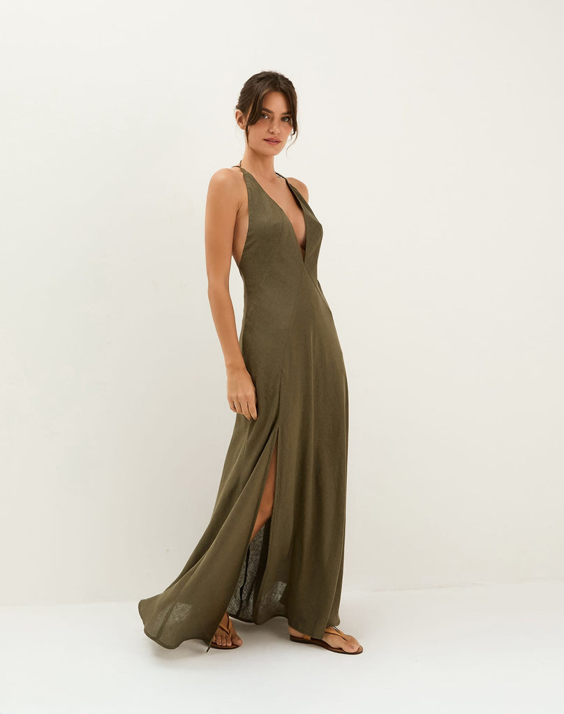 ViX Women's Marbella Plunge Open Back Linen & Cotton Cover-Up Sundress - Green - Maxi dresses ViX Women's Marbella Plunge Open Back Linen & Cotton Cover-Up Sundress - Green - Maxi dresses