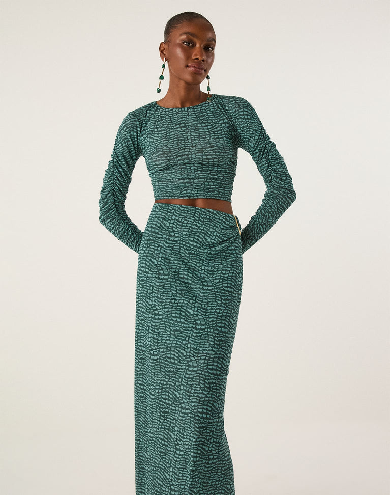 Mira Long Sleeve Blouse - Serpent Skin Acqua XS