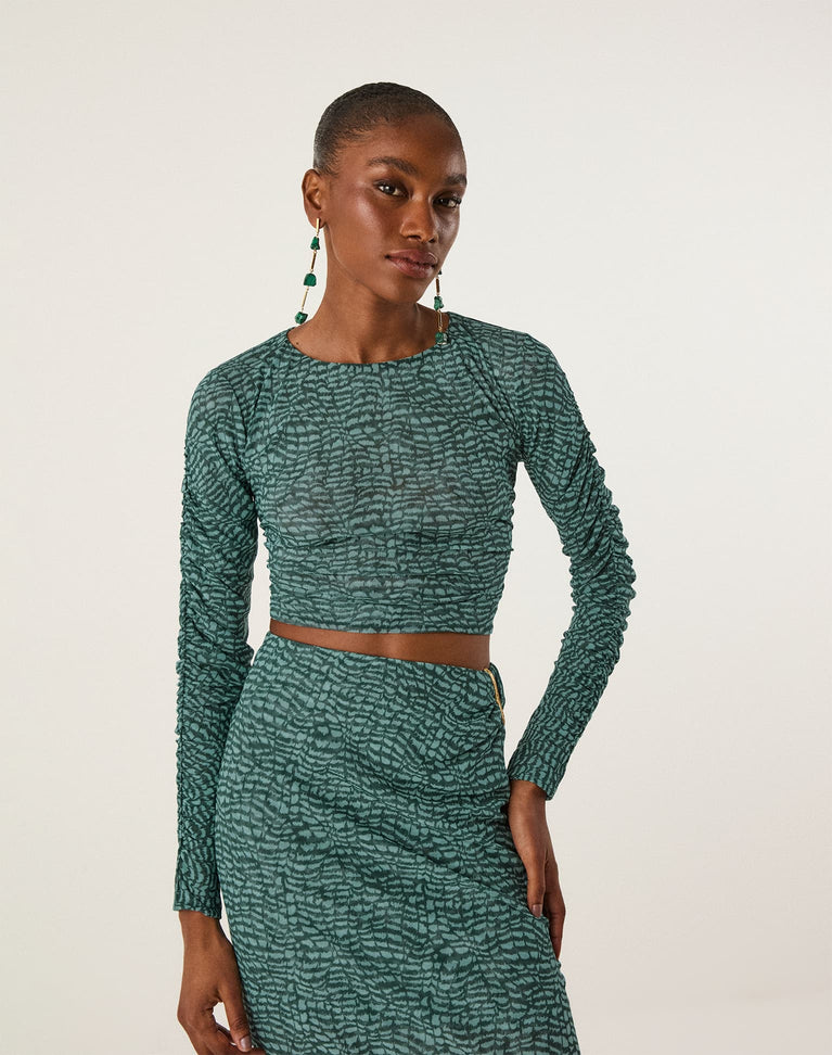 Mira Long Sleeve Blouse - Serpent Skin Acqua XS