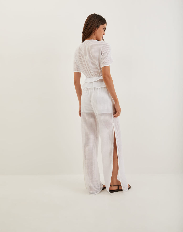 off white dress pants ladies Phix Men's Off-White Cotton Linen Pin Belt Flare Trouser