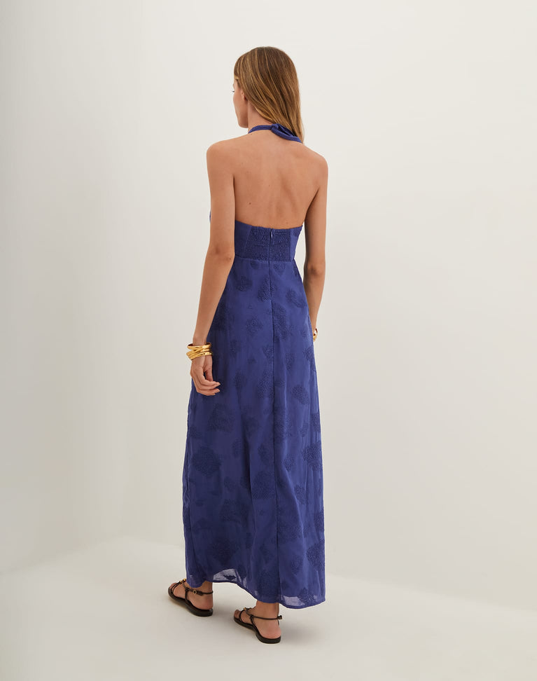 sapphire blue maxi dress 1970s Roncelli Sapphire Blue Ribbed Knit Maxi Dress