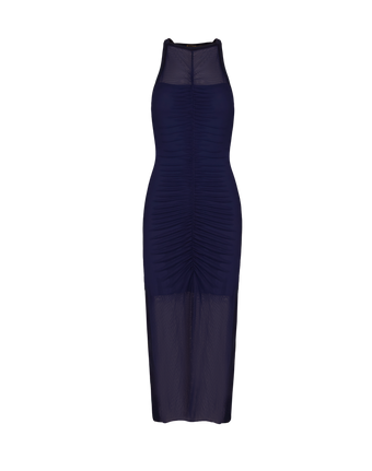 vibrant floral midi dress Maui Sunset Floral Print Ruched Mesh Midi Dress Small