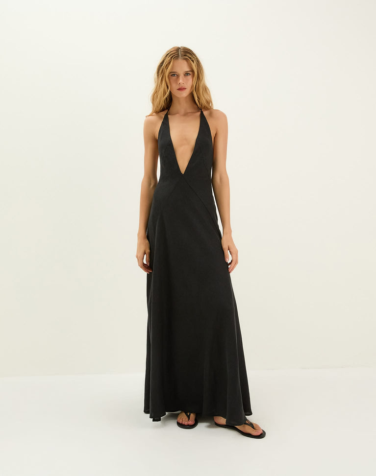 Vix Women's Marbella Plunge Open Back Linen & Cotton Cover-Up Sundress - Black - Maxi Dresses Vix Women's Marbella Plunge Open Back Linen & Cotton Cover-Up Sundress - Black - Maxi Dresses
