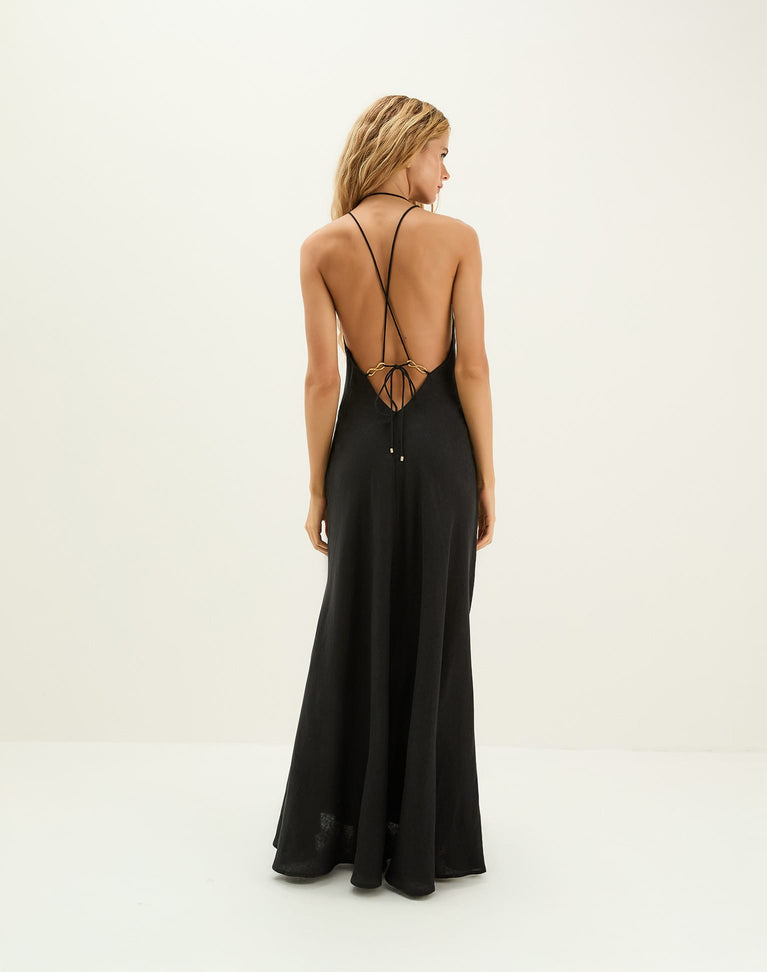 Vix Women's Marbella Plunge Open Back Linen & Cotton Cover-Up Sundress - Black - Maxi Dresses Vix Women's Marbella Plunge Open Back Linen & Cotton Cover-Up Sundress - Black - Maxi Dresses