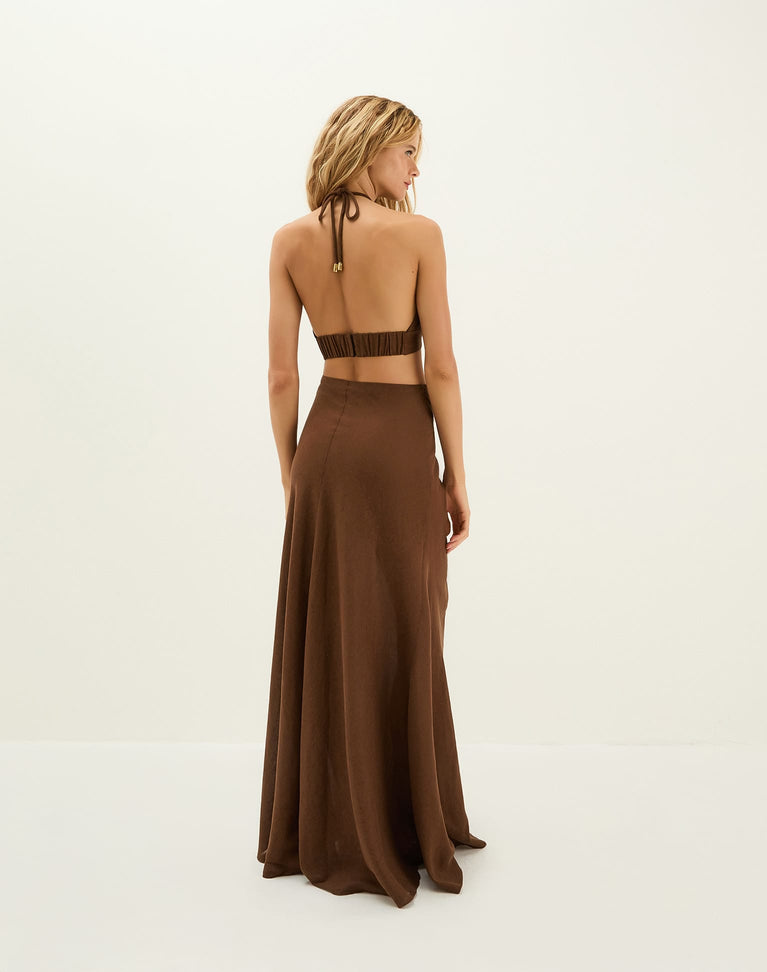 Ibiza Linen & Cotton Halter Cover-Up Top in Brown Ibiza Linen & Cotton Halter Cover-Up Top in Brown