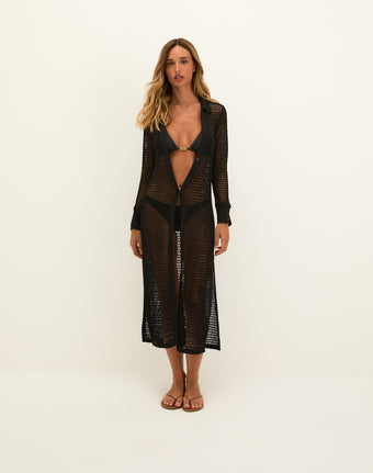 Knit Long Shirt Cover Up - Black
