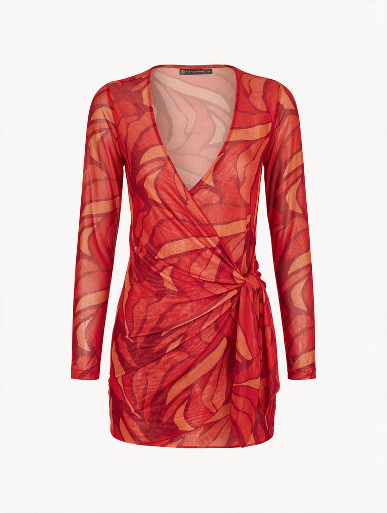 Emily Long Sleeve Short Cover Up - Red Petals XS