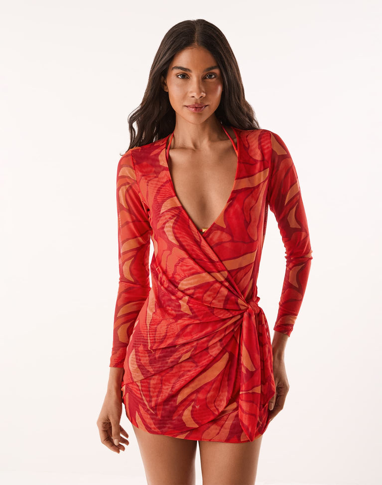Emily Long Sleeve Short Cover Up - Red Petals XS