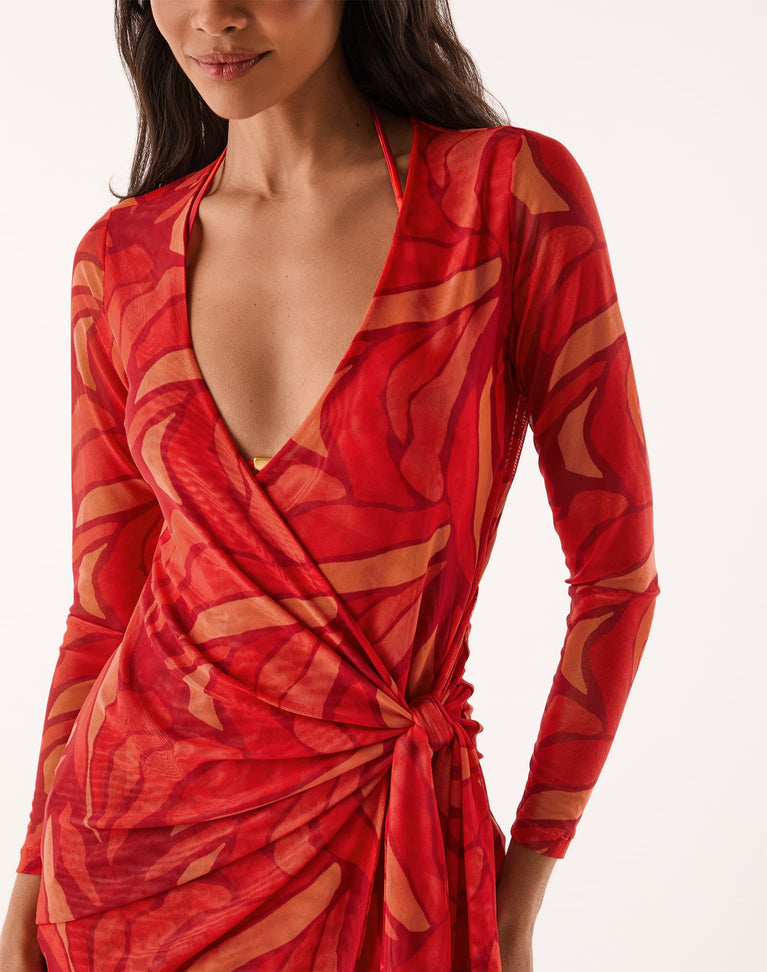 Emily Long Sleeve Short Cover Up - Red Petals XS