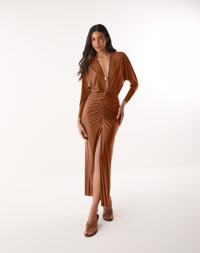 camel maxi dress ViX Women's Iris Long - Women - Essentials Beach Boho V-neck Tulle The ViX Iris Long Color:TEAK