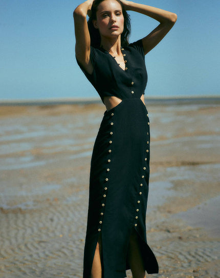 Angelina Detail Long Dress - Black